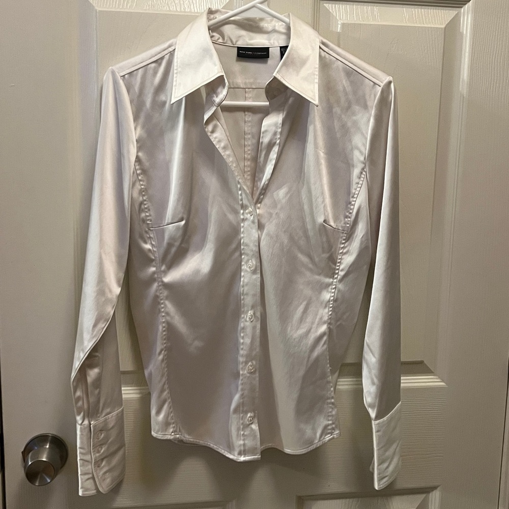 Express Ivory Satin Long Sleeve Shirt